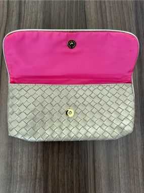 Woven Metallic Clutch with Pink Interior